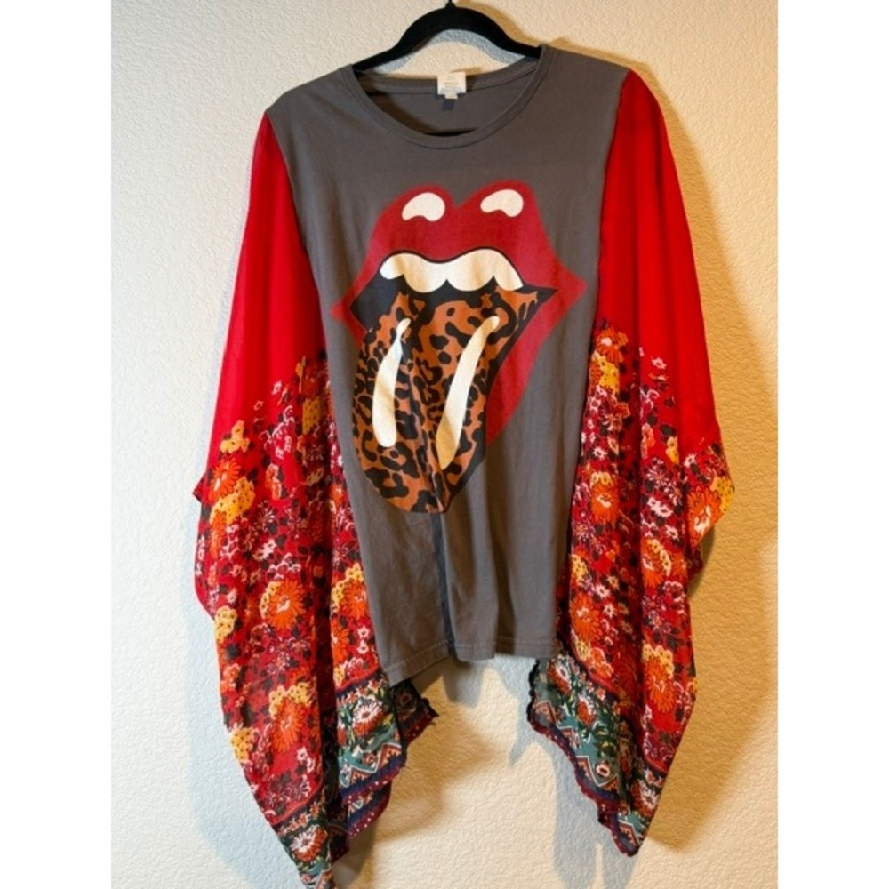 Rolling Stones Upcycled OOAK Floral Kimono Sleeve Boho Top Festival Concert O/S - Picture 2 of 6
